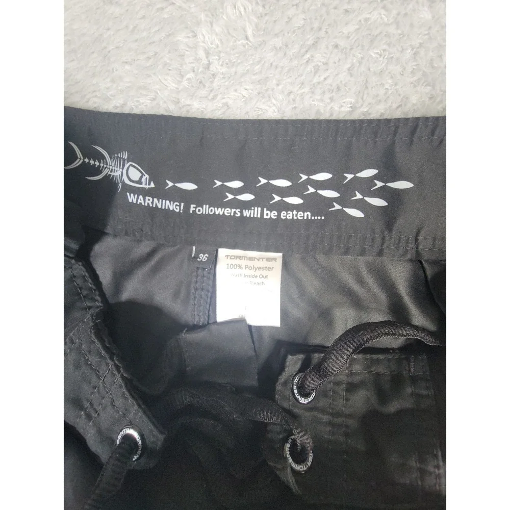 Tormenter Board Shorts Men Size 36 Black Fish Logo Surf Swim Trunks Cargo Pocket